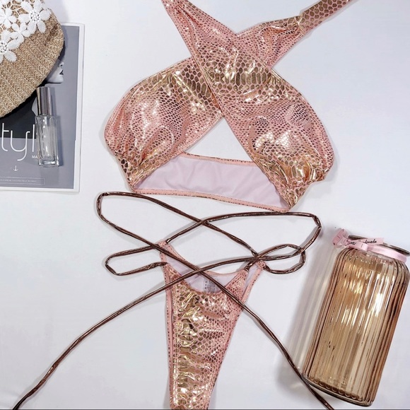 Snake print halter crisscross bikini set gold/pink - Picture 2 of 7